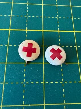 Pair of Vintage White Buttons with Red Cross Motif